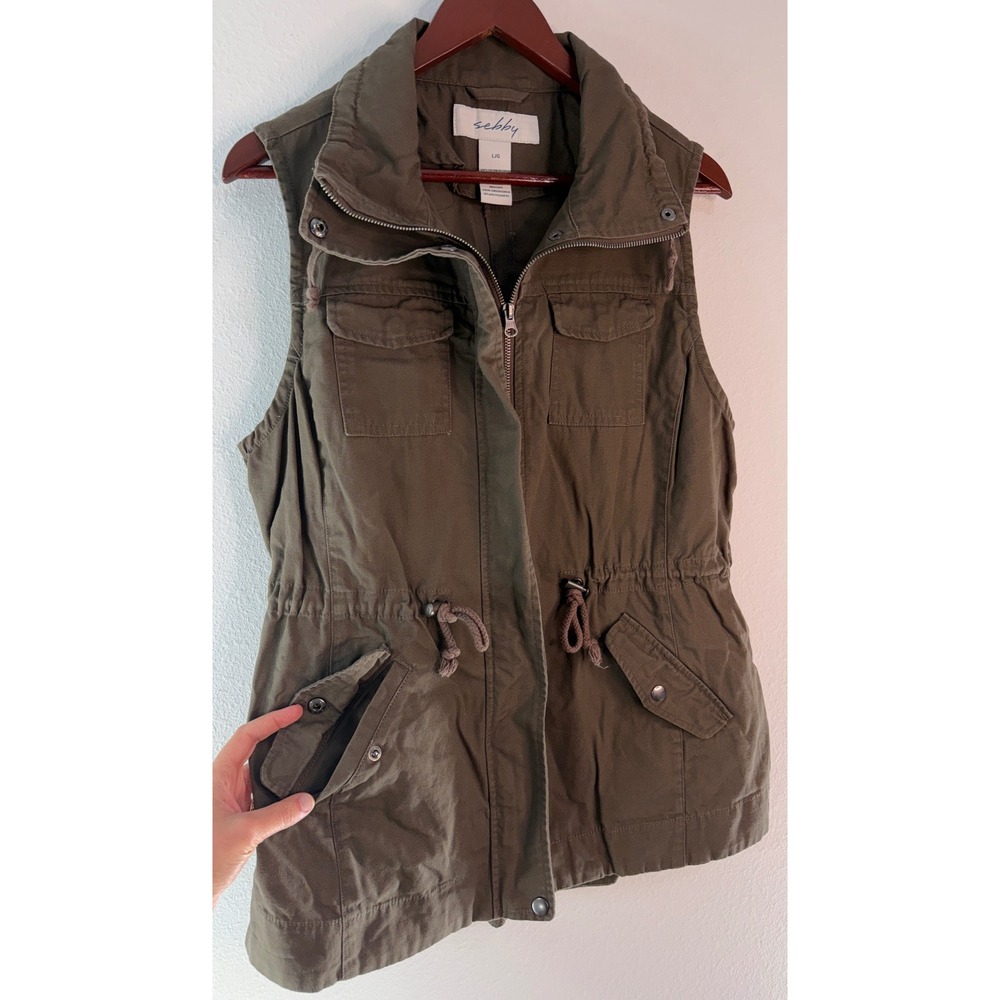 Sebby Brown Utility Vest Drawstring Waist Cotton Pockets Utility Grunge Large